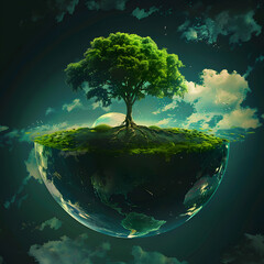 Ecology concept with green tree on planet earth..Ethereal Nature: A Celestial Tree on a Floating Earth Amidst the Stars