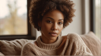 Beautiful black woman in beige knitted sweater relaxing on sofa in her apartment, autumn cozy atmosphere.