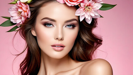 portrait of a woman with pink flowers, portrait of a woman, cosmetic model, fashion model, cosmetics advertisement, gorgeous model, AI generated