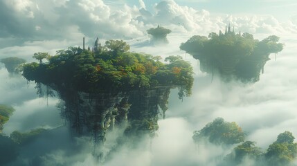 A dreamlike landscape where giant floating islands are tethered to the ground by ancient vines
