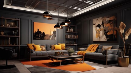 Charcoal Gray Ceiling with Mustard Yellow and Rust Orange Details.