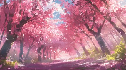 An enchanting pathway through a grove of cherry blossoms their full bloom creating a delicate pink canopy under the soft light of a clear spring sky
