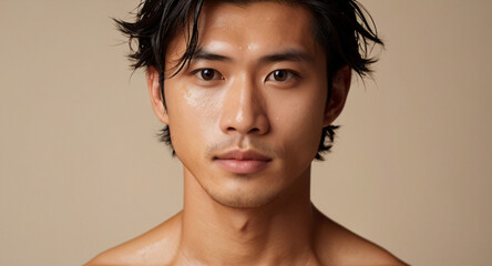 Close up of handsome Japanese male model with glowy skin and modern hairstyle