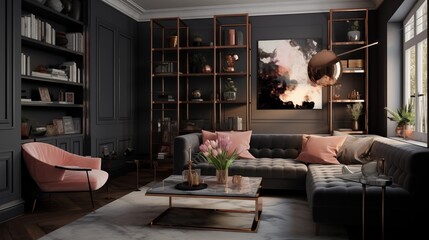 Charcoal Gray Walls with Blush Pink and Copper Accents in the TV Lounge.