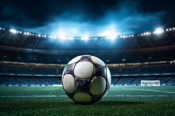 Naklejka premium close up of a soccer ball on stadium. High quality photo