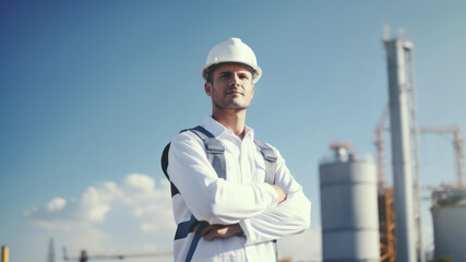 Portrait of a male engineer in a white helmet on a background of blue sky