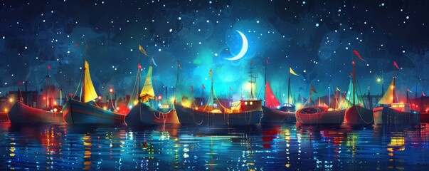 Fishing village under the moon in the sea