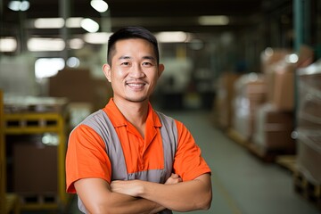 happy Asian warehouse worker wearing an orange and grey workwear shirt - obrazy, fototapety, plakaty