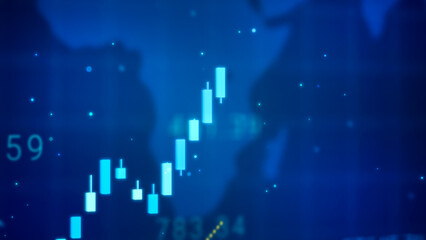 Growing digital business trend chart, rising market candlestick stock chart gain profit, positive crypto investment bullish price concept, blue finance technology success background 3d rendering - 760552515