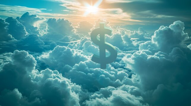 Financial Aspiration - A Dollar Sign Illuminated by Sunlight Amidst Majestic Clouds