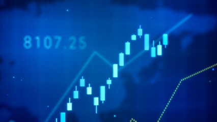 Growing digital business trend chart, rising market candlestick stock chart gain profit, positive crypto investment bullish price concept, blue finance technology success background 3d rendering - 760552746