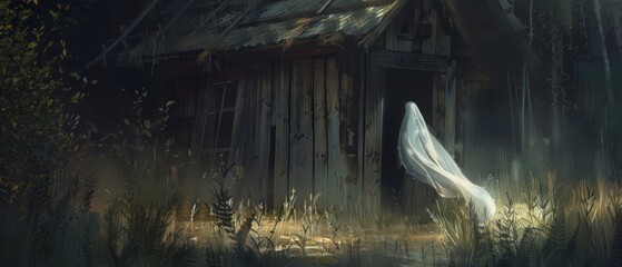 Mysterious entity, white veil caught in a breeze, standing in the threshold of a forsaken cabin - obrazy, fototapety, plakaty