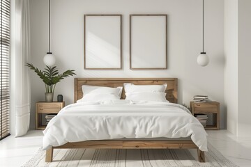 Modern natural wood bed bedroom with Scandinavian interior with wall mounted bedside cabinet with two poster frames.