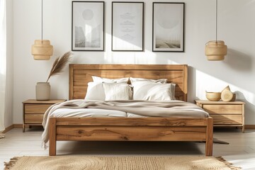 Modern natural wood bed bedroom with Scandinavian interior with wall mounted bedside cabinet with three poster frames.