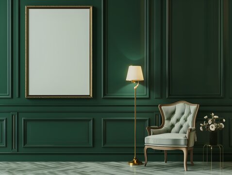 Mid-century Home Interior Of A Living Room With A Classic Chair Next To A Wall Covered In Empty Poster Frames.