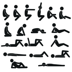A set of human figures in different poses, lying on the floor, squatting, sitting in different poses. Pictogram of human figures. Flat vector illustration of a healthy lifestyle