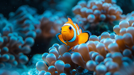 Naklejka na ściany i meble Clown fish (Amphiprion ocellaris) living in its habitat in a Sea anemone