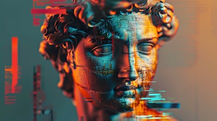 3D portrait of an antique sculpture with a glitch effect. Cyberpunk style. Conceptual disease of artificial intelligence. Virtual reality. A modern poster