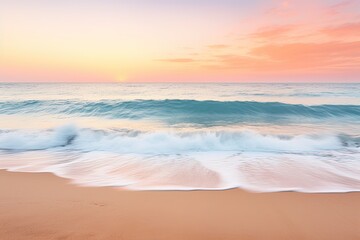 A serene beach at sunset, with the golden rays casting a warm glow on the sand and gently crashing...