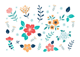 set of hand drawn flowers in flat design,colorful vector illustration isolated on white background,decoration for greeting cards, banner,social media posts