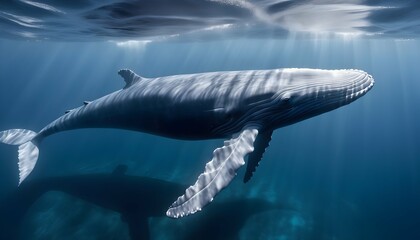 A Blue Whale Swimming In Crystal Clear Water Its