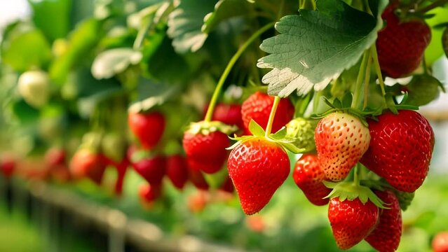 Close up of Strawberry fruits in branch at garden