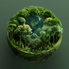 3D render of the planet earth with plants and ferns,Lush Greenery Embracing a Mysterious Sphere.