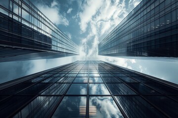 Modern Glass Skyscrapers Reaching Skyward - obrazy, fototapety, plakaty