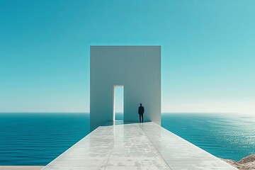 Minimalist Architecture by the Sea with Lone Figure