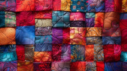 Depict vibrant quilt squares forming a rich tapestry of interconnected designs