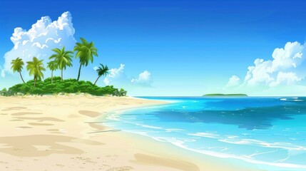 Animated Sandy tropical beach with island on background , Tropical island of Maldives - obrazy, fototapety, plakaty