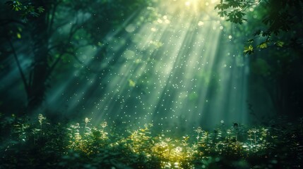 Fototapeta na wymiar Beautiful rays of sunlight in a green forest. Forest background. Dark forrest nature view
