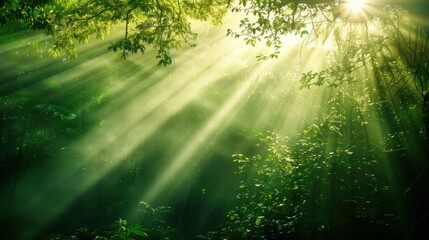 Beautiful rays of sunlight in a green forest