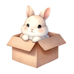 Cute watercolor animal character is sitting inside the empty box  happily clipart of rabbit