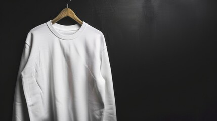 Blank white Sweatshirt placed on wooden hanger with black background - obrazy, fototapety, plakaty