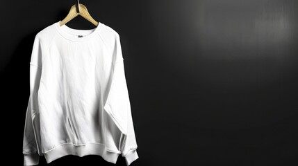 Blank white Sweatshirt placed on wooden hanger with black background