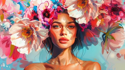Beautiful woman, model of fashion, with big plastic flowers in her hair. Digital painting on canvas realistic imitation. Creative concept
