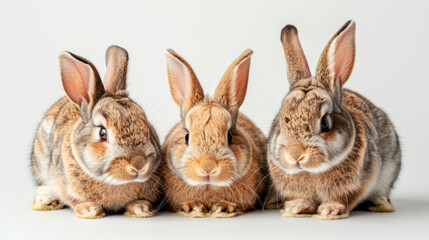 Three rabbits on an isolated white background in close up.