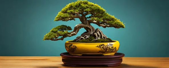 Fotobehang bonsai Tree in a special pot, isolated on a yellow background, banner, copy space, against a yellow wall  © TJ_Designs