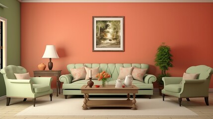 Coral and Sage Green Infuse your space with a fresh and invigorating vibe using coral walls and sage green furnishings.