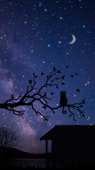 a cat at the branch of a tree seeing the moon at night , mobile wallpaper , editing