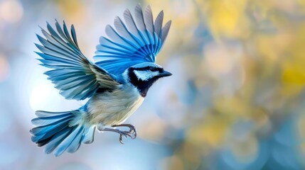 Obraz premium Bird in flight showing wing expanded with blue colors