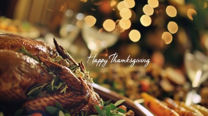"Happy Thanksgiving" Written in cursive font in white background with blurred background of roasted turkey and other thanksgiving food.