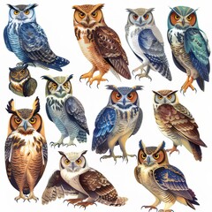 Fototapeta premium Clipart illustration showing various kinds of cute owls on a white background.