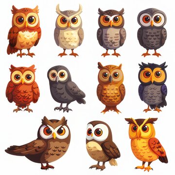 Clipart illustration showing various kinds of cute owls on a white background.