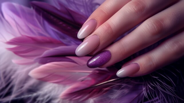 Glamour woman hand with luxury gradient color nail polish manicure on fingers, touching gradient feathers, close up for cosmetic advertising, feminine product, romantic atmosphere use