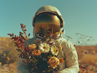 Astronaut in spacesuit holding a bouquet of flowers in desert landscape. Surreal scenery with space exploration and earthly nature concept