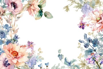 A watercolor painting of a flowery border with a white background.Painted watercolor floral border or frame for wedding invitations