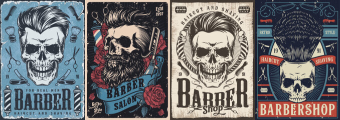 Barber industry colorful set stickers - obrazy, fototapety, plakaty