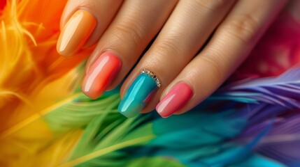 Glamour woman hand with luxury rainbow color nail polish manicure on fingers, touching rainbow feathers, close up for cosmetic advertising, feminine product, romantic atmosphere use
